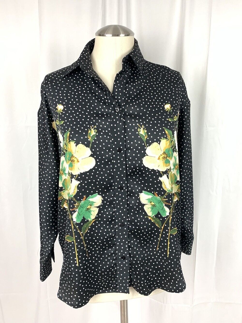 Zara Black White Polka Dot Blouse Long Sleeve Shirt Flower Print Size XS